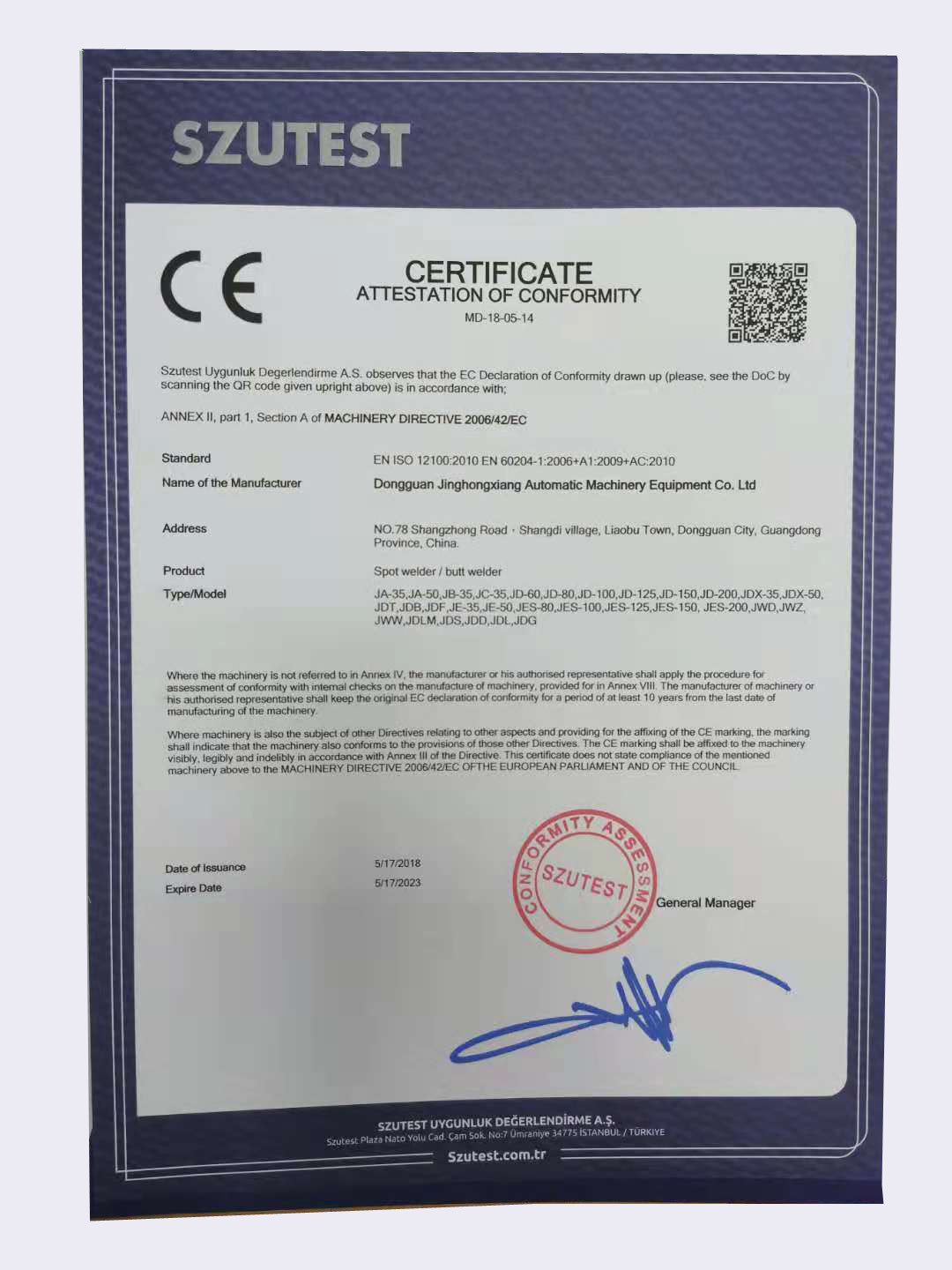 CHINA Dongguan Jinghongxiang Automation Equipment Co., Ltd. Certificações